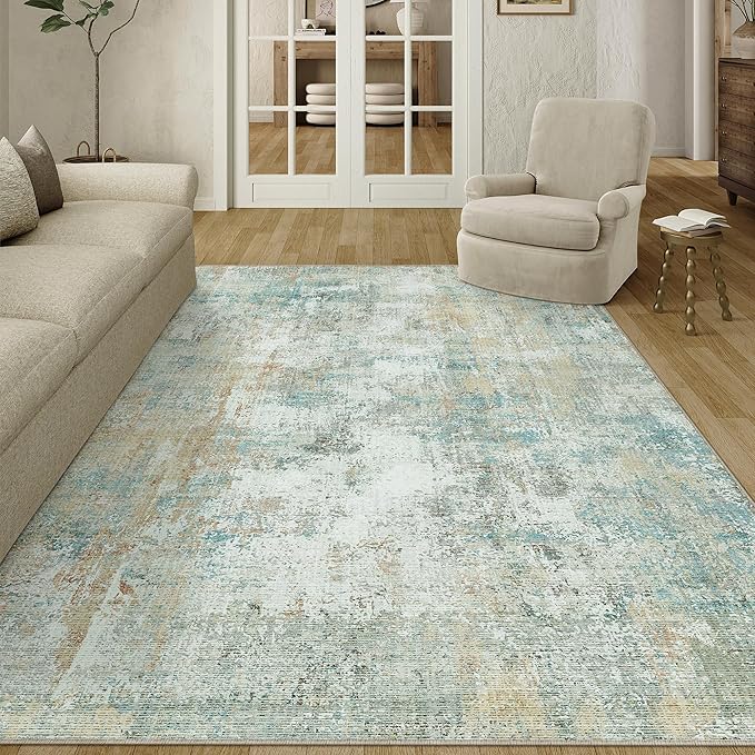 5x7 Washable Area Rug Teal Beige Modern Neutral Abstract Living Room Bedroom - Image 5