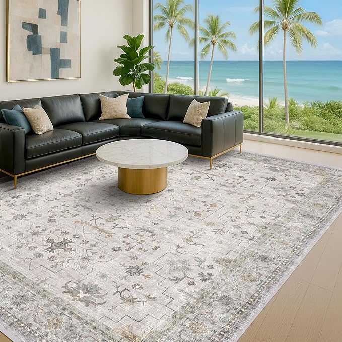 Boho Light Grey Living Room Rug 10x14 by HazoHaus