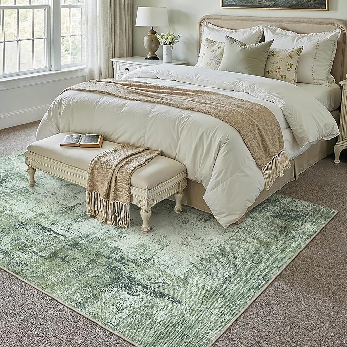 5x7 Washable Area Rug Dark Green Modern Neutral Abstract Living Room Bedroom - Image 4