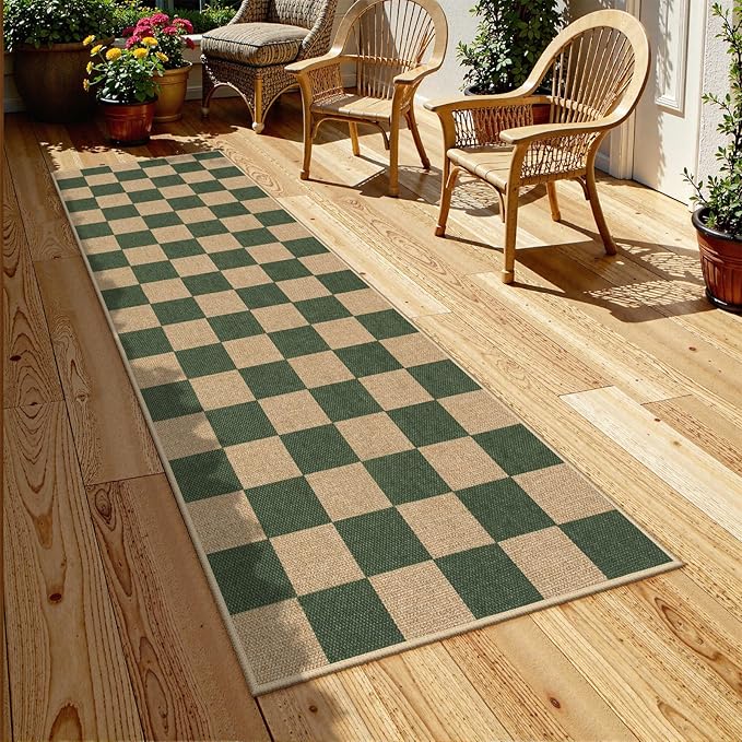 Lahome Checkered Outdoor Runner Rug, 2x8 Green Kitchen Runner Rugs - Image 6