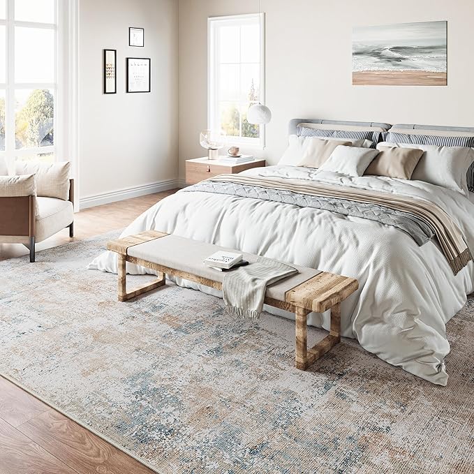 8x10 Washable Area Rug Beige Blue Neutral Abstract Living Room Bedroom Large - Image 3