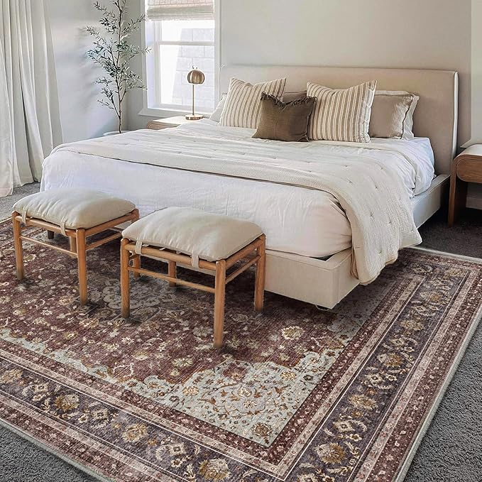 Washable Area Rug 9'x12' Retro Boho Design Non-Shedding Easy Care Ideal - Image 2