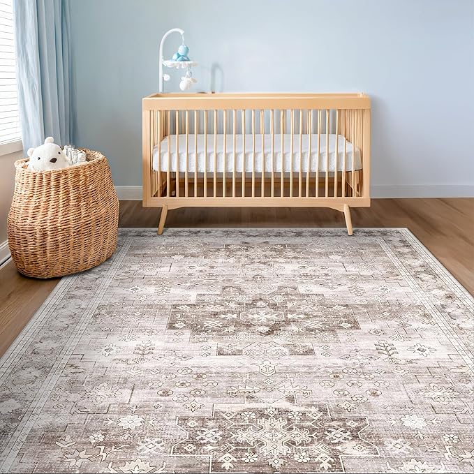 Washable Neutral Farmhouse Bedroom Rug, 5x7 Area Rugs - Image 4
