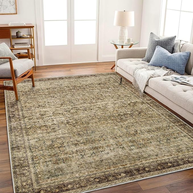Area Rug 6x9 Washable Rug Dark Brown Vintage Traditional Distressed Thin Retro - Image 2