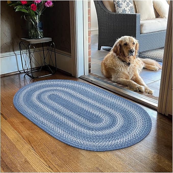 Homespice 27x45” Blue Oval Braided Rug. Denim Blue and White Jute Oval Rug. - Image 9
