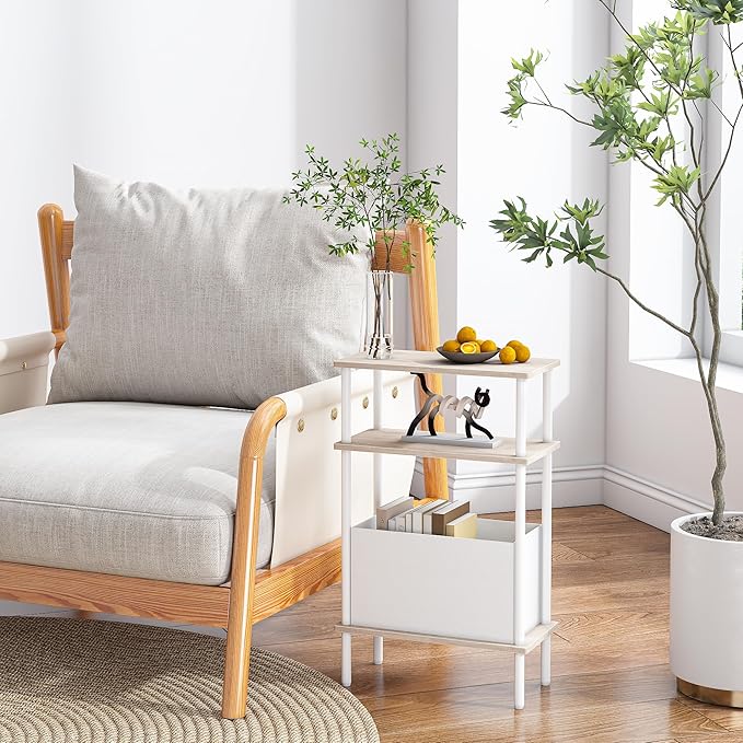 Narrow Side Table with Fabric Basket, Slim Nightstand with 3-Tier Storage Shelf - Image 4