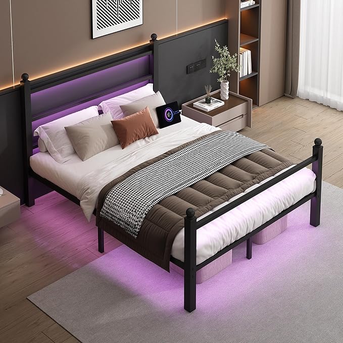 Queen Bed Frame with Headboard and Footboard, Steel Slats Support-LED Bed Frame - Image 5