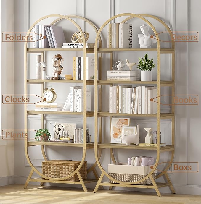Bookshelf Arched Bookcase Set 2, 5 Tier Open Freestanding Display Shelf - Image 3