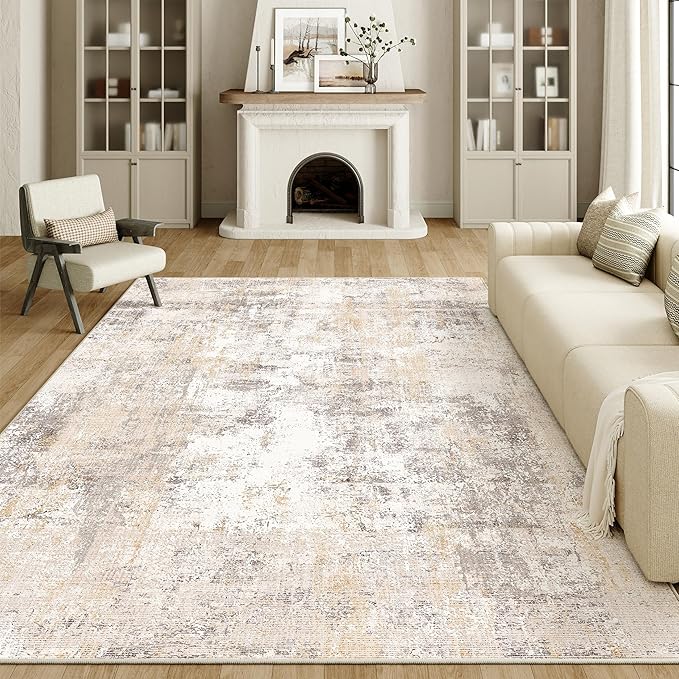 12x15 Washable Area Rug Beige Grey Neutral Abstract Living Room Bedroom Large by WondRg