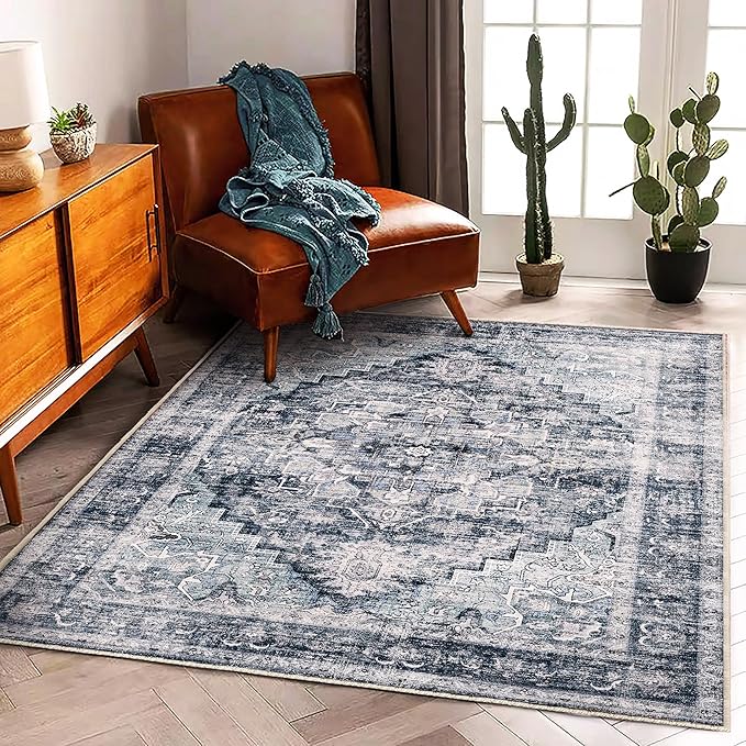 3'x5' Dark Blue Vintage Washable Thin Area Rug Traditional Floor Cover Foldable by CHAMPLANT