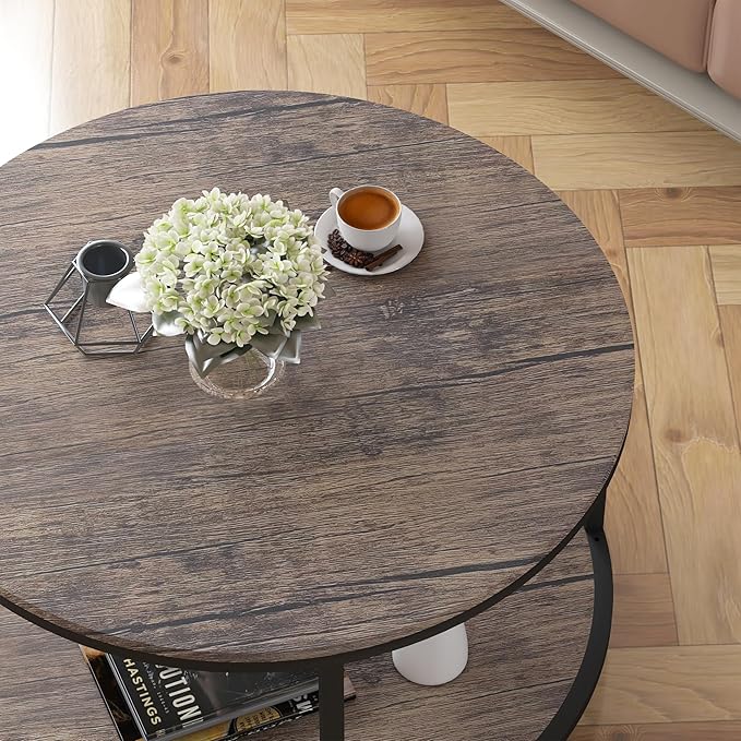 Round Coffee Table, Rustic Wooden Surface Top & Sturdy Metal Legs Industrial - Image 6