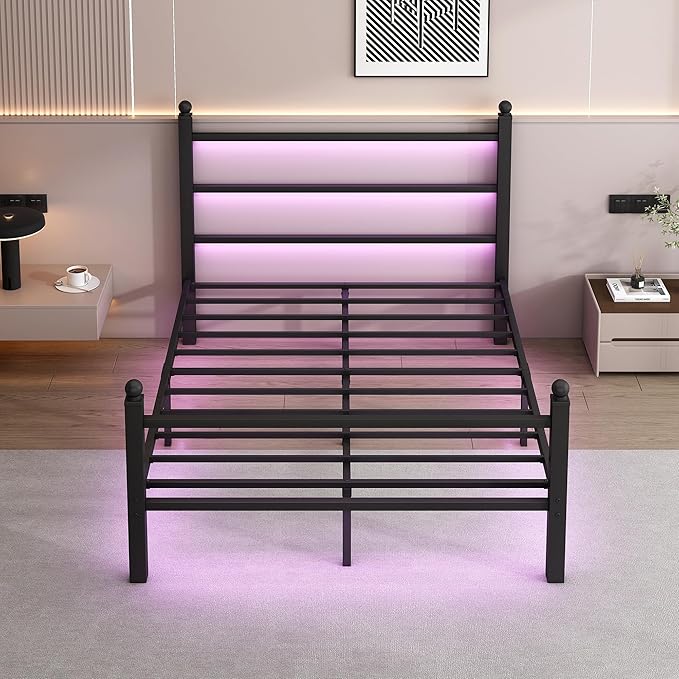 Queen Bed Frame with Headboard and Footboard, Steel Slats Support-LED Bed Frame - Image 3