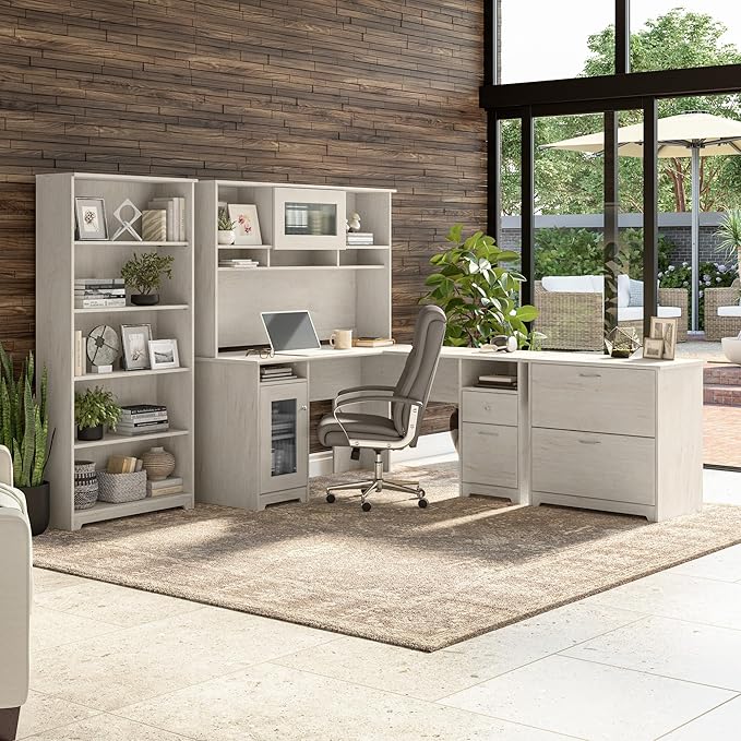 Bush Furniture Cabot 60W L Shaped Computer Desk in Linen White Oak - Image 4