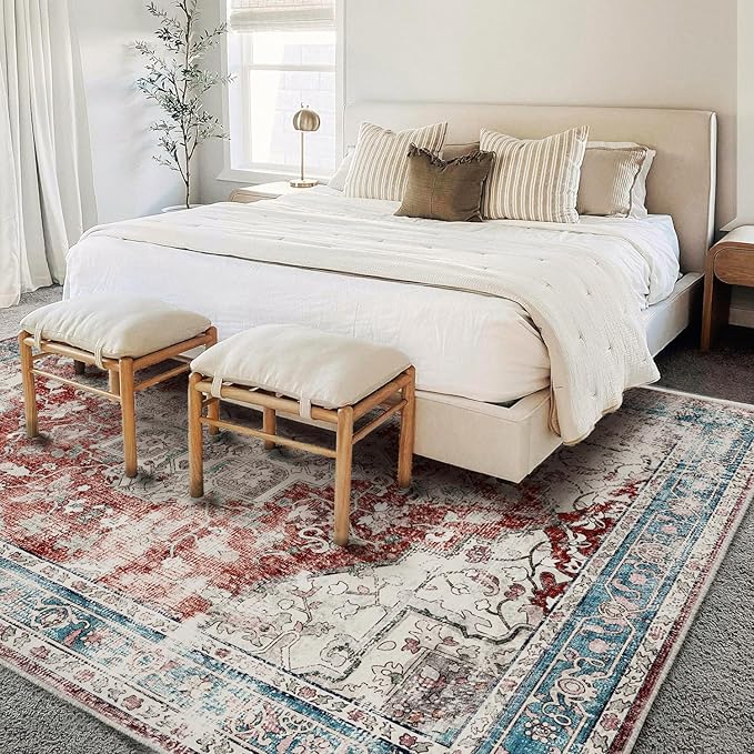 Washable Area Rug 8'x10' Red Blue Retro Boho Design Non-Shedding Non-Slip Easy - Image 3
