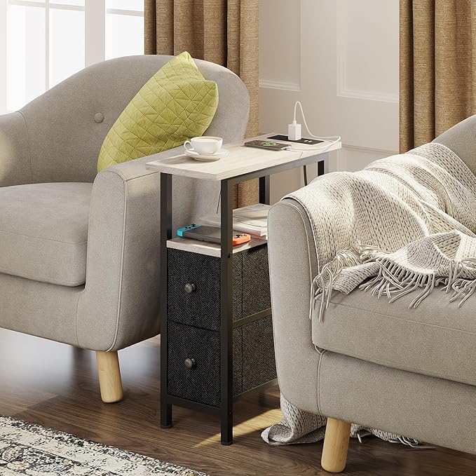 End Table with Charging Station, Narrow Side Table with 2 Fabric Drawers - Image 2
