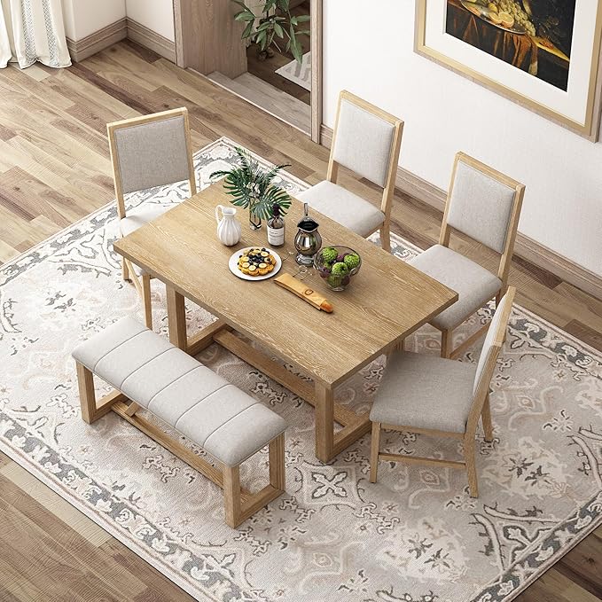 Merax Farmhouse Wood 6-Piece Dining Set, 59.6 inch Rectangular Table, 4 - Image 2