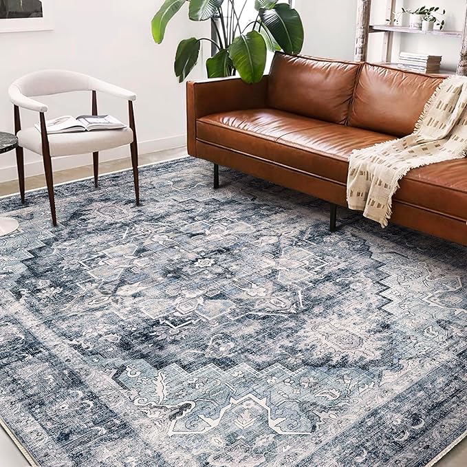 Washable Area Rug 9'x12' Dark Blue Retro Flowers Boho Design Non-Shedding Easy - Image 2