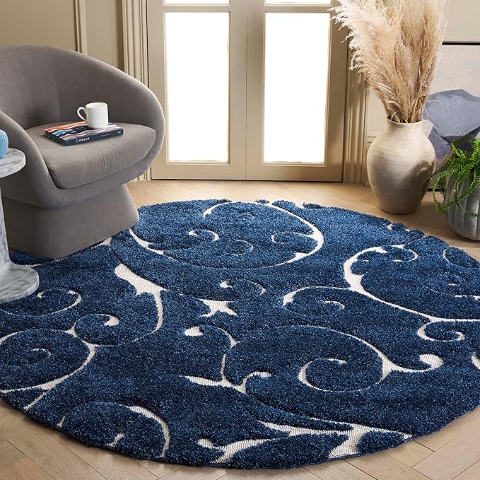 SAFAVIEH Florida Shag Collection 9' Round Dark Blue/Cream SG455 Scrolling Vine by SAFAVIEH