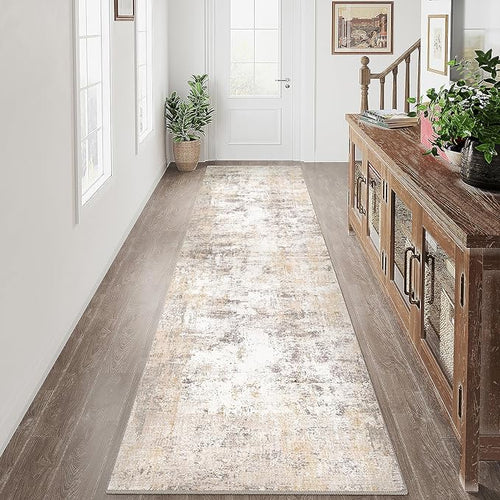 2x12 Washable Runner Rug Beige Grey Neutral Abstract Hallway Kitchen Living by WondRg