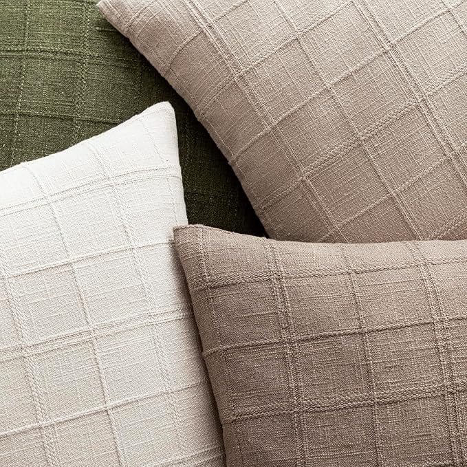 Foindtower Set of 2 Decorative Linen Check Throw Pillow Covers Neutral Long - Image 4