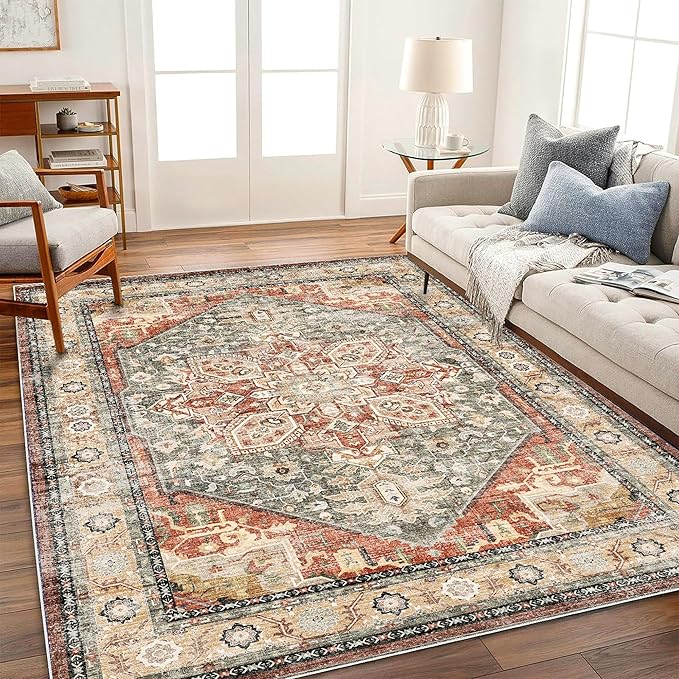 Area Rug 5'x7' Red Khaki Washable Vintage Traditional Floor Cover Thin Retro by CHAMPLANT