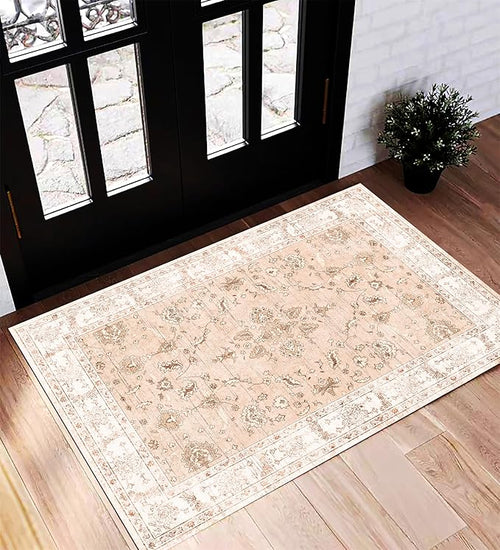 2x3 Washable Area Rug Door Mat Vintage Distressed Tangerine Taupe Rug Doormat by CHAMPLANT