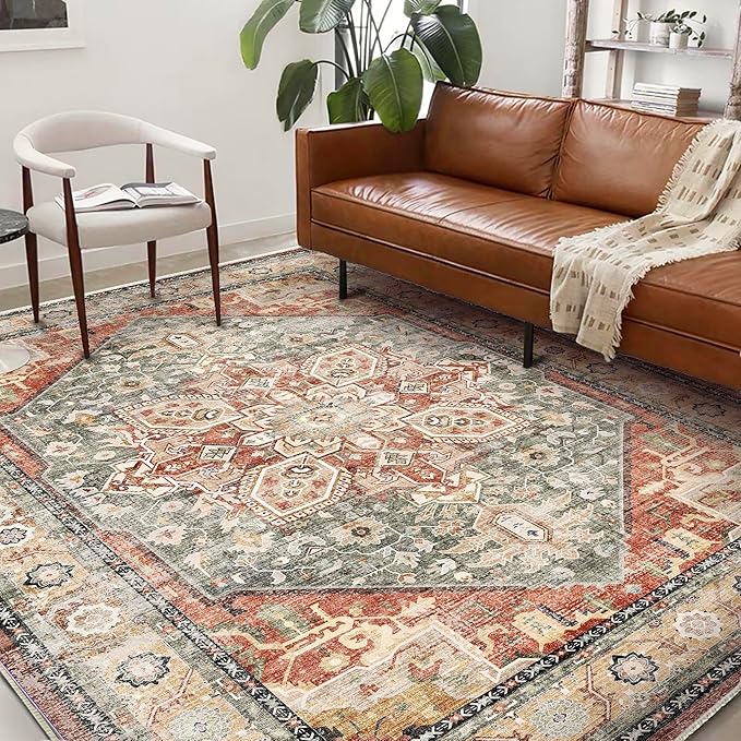 Washable Area Rug 9'x12' Red Khaki Retro Flowers Boho Design Non-Shedding Easy - Image 2