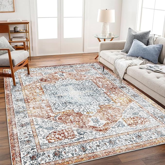 4x6 Washable Vintage Area Rug Tangerine Traditional Floor Cover Foldable Rug by CHAMPLANT