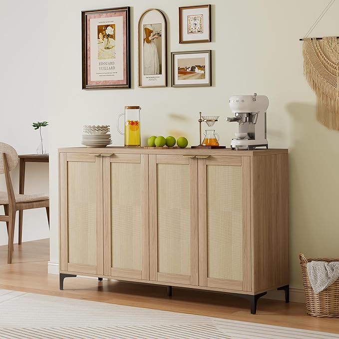 Sideboard Buffet Cabinet with Storage, 4 Doors Rattan Kitchen Cabinet with - Image 3