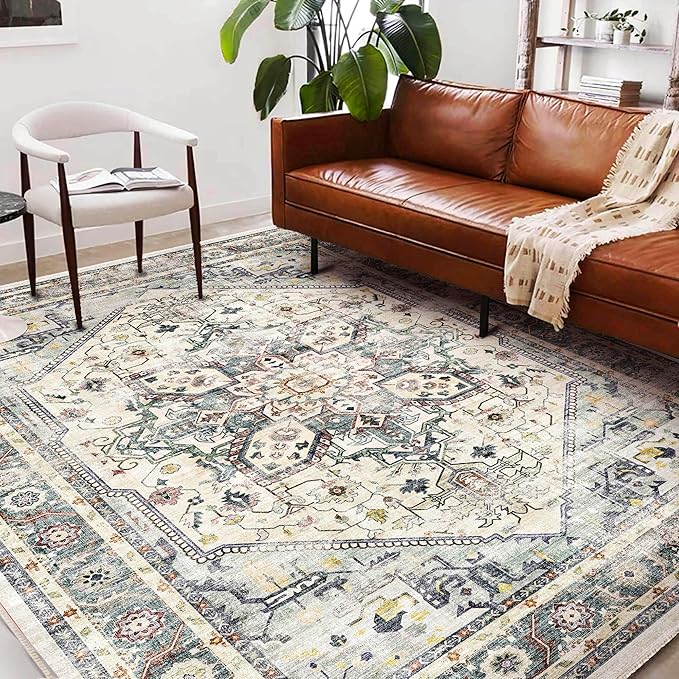 Area Rug 6'x9' Cyan Khaki Washable Vintage Traditional Floor Cover Thin Retro by CHAMPLANT