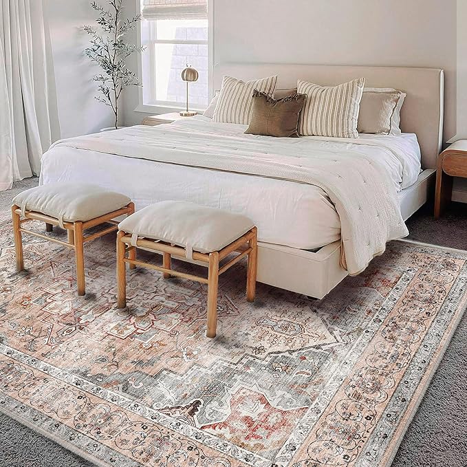 Washable Area Rug 10'x14' Light Cyan and Light red Retro Flowers Boho Design - Image 3