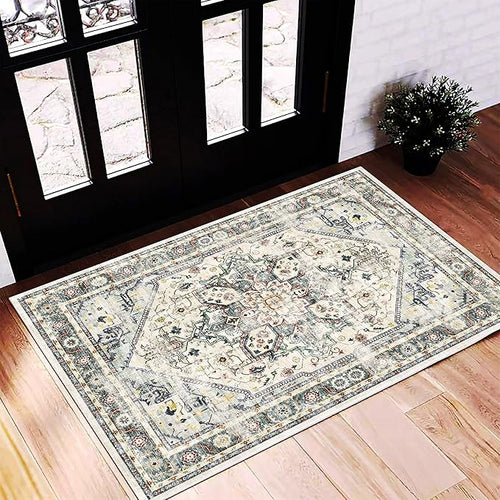 2'x3' Cyan Khaki Area Rug Washable Door Mat Vintage Distressed Doormat Indoor by CHAMPLANT