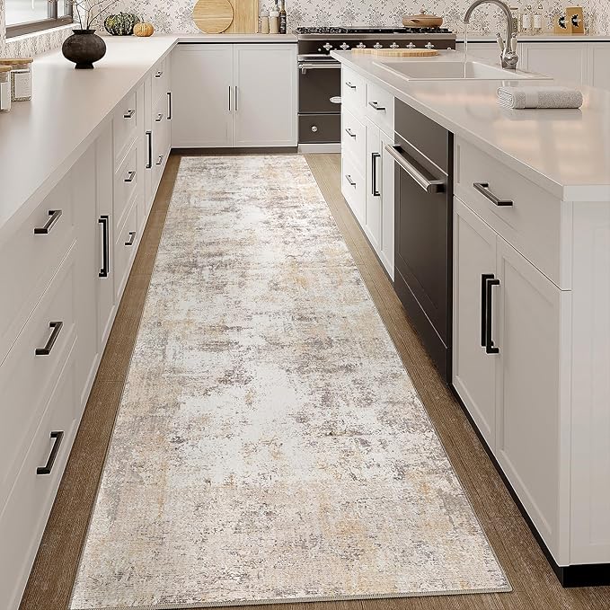 3x10 Washable Runner Rug Beige Grey Neutral Abstract Hallway Kitchen Living - Image 4