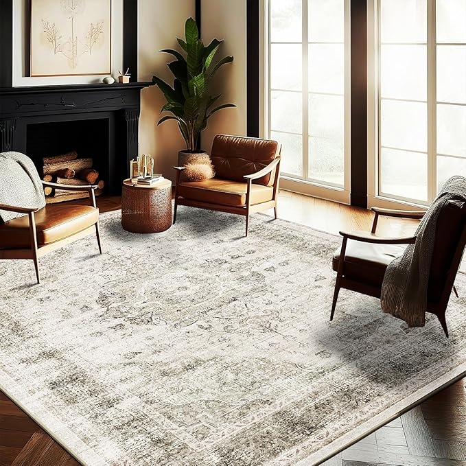 Washable Area Rug 9'x12' Retro Floral Khaki Boho Design Non-Shedding Easy Care - Image 2