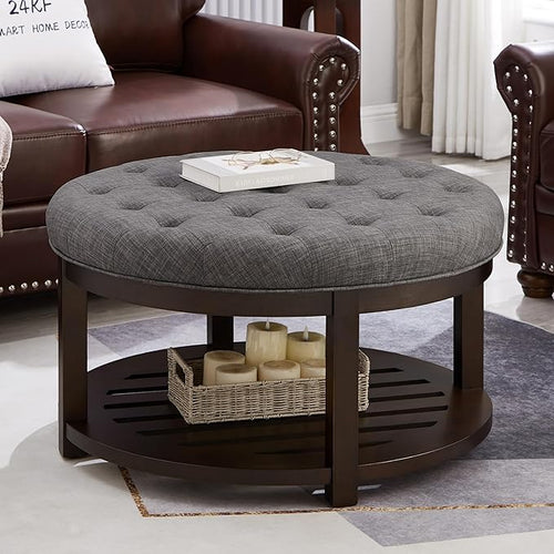 24KF Large Round Upholstered Tufted Linen Ottoman Coffee Table, Large Footrest by WEMARTHOMEDECOR