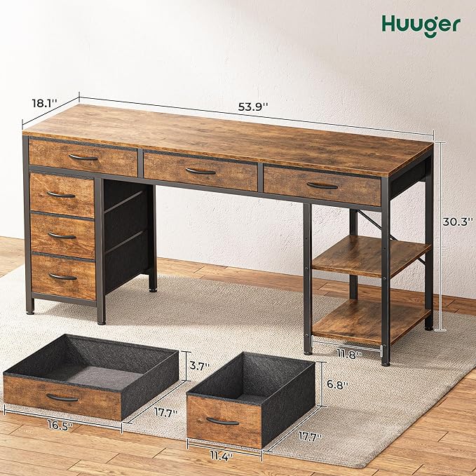 Huuger Computer Desk with 6 Drawers, 54 Inch Office Desk with Shelves, - Image 3
