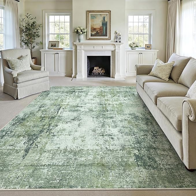 8x10 Washable Area Rug Dark Green Modern Neutral Abstract Living Room Bedroom by WondRg