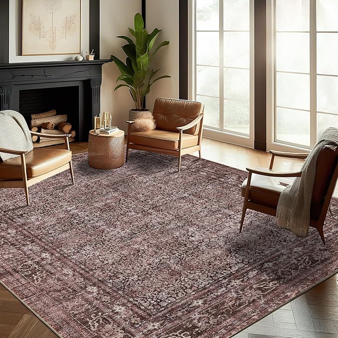 Washable Area Rug 9'x12' Retro Boho Design Non-Shedding Easy Care Ideal by CHAMPLANT