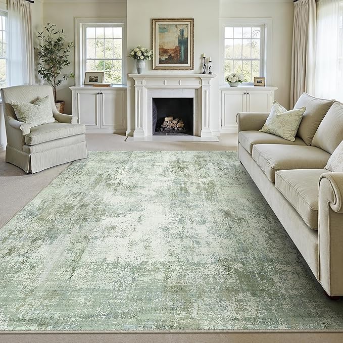 9x12Washable Area Rug Green Modern Neutral Abstract Living Room Bedroom Indoor by WondRg