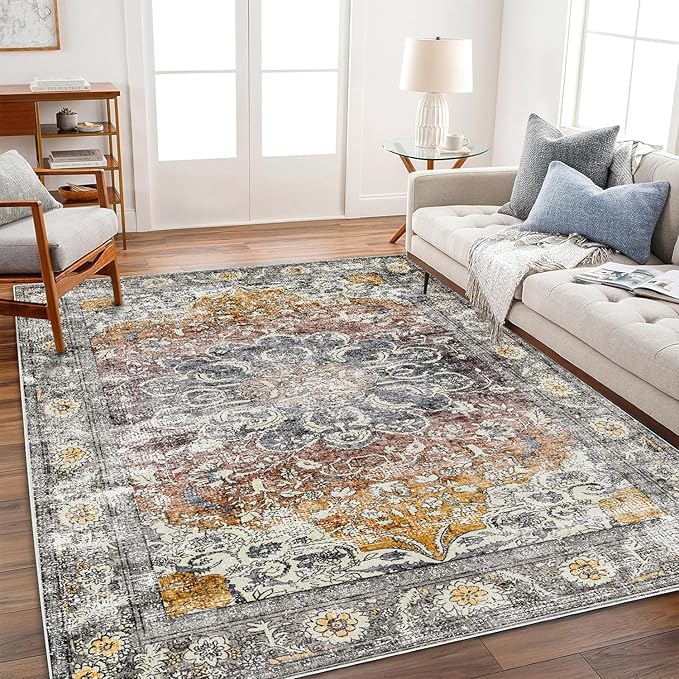 Area Rug 8x10 Washable Rug Taupe Vintage Traditional Mat Distressed Indoor by CHAMPLANT