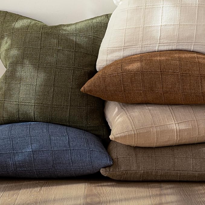 Foindtower Set of 2 Decorative Linen Check Throw Pillow Covers Neutral Long - Image 7