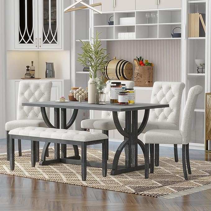 SogesPower 6-Piece Dining Table Set, Rectangular Farmhouse Kitchen Dining Table by SogesPower