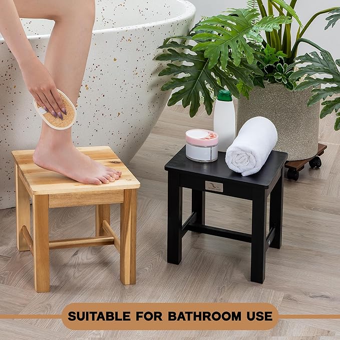 12 Inch Wooden Black Step Stool, Small Nature Beach Chair Under Desk, Indoor - Image 7