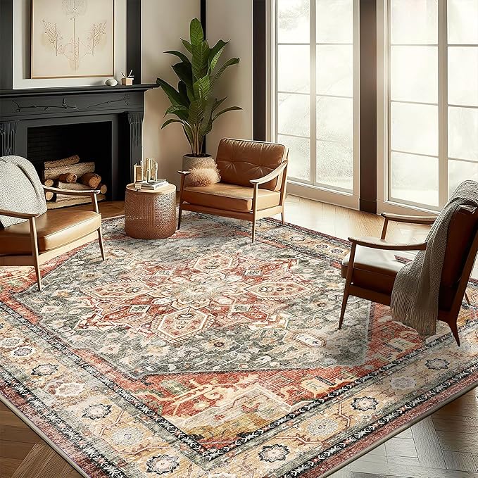Washable Area Rug 8'x10' Red Khaki Retro Boho Design Non-Shedding Non-Slip Easy by CHAMPLANT