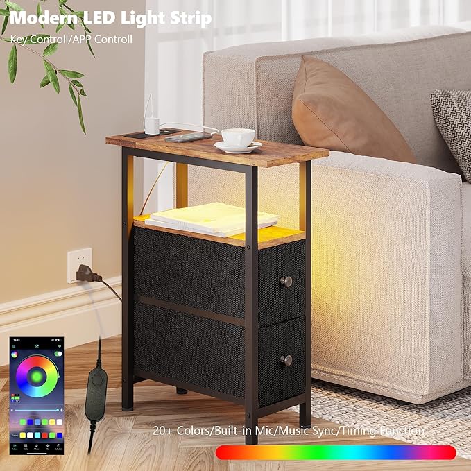 End Table with Charging Station, Narrow Side Table with 2 Fabric Drawers - Image 4