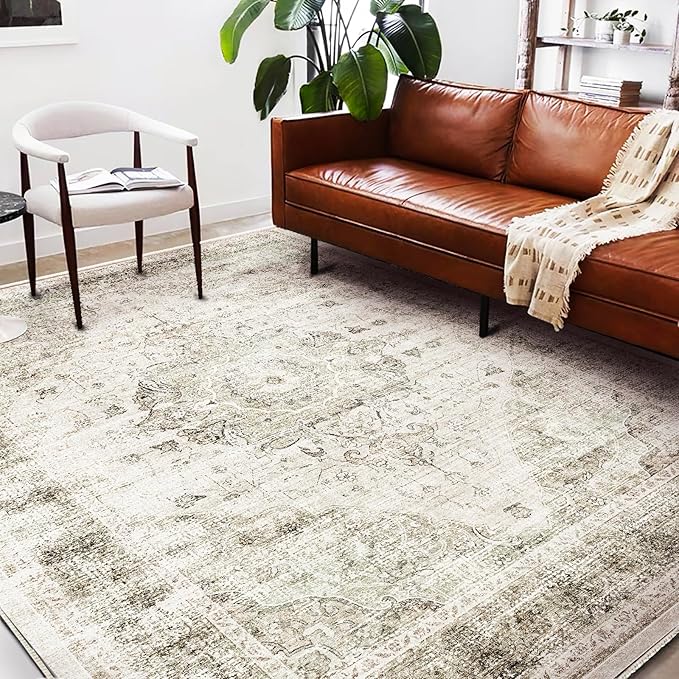 Area Rug 6'x9' Washable Vintage Floral Khaki Traditional Floor Cover Thin Retro - Image 2