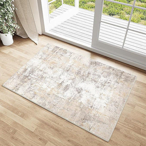 2x3 Washable Area Rug Beige Grey Neutral Abstract Entryway Kitchen Non Slip Low by WondRg