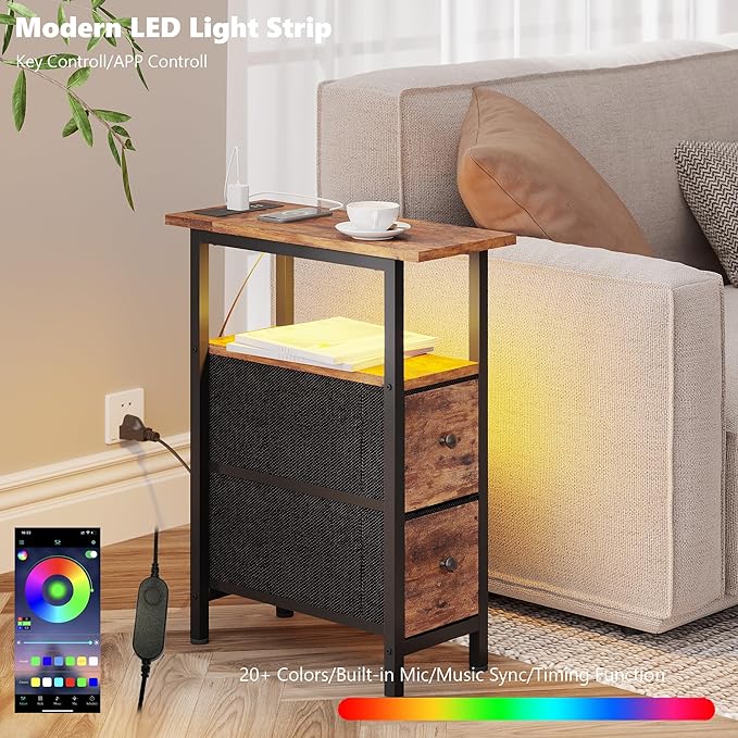 End Table with Charging Station, Narrow Side Table with 2 Fabric Drawers - Image 4