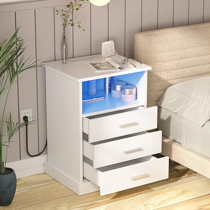 Nightstand with Charging Station, LED Lights Side Table with 3 Drawers - Image 3