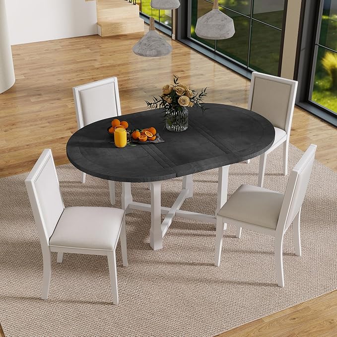 Merax 5-Piece Extendable Dining Table and 4 Upholstered Chairs, Round Oval by Merax